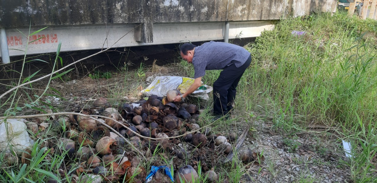 Đồng chí Huỳnh Văn Dũng - Giám đốc game bài đổi thưởng
  nhặt từng vỏ dừa lật úp lại để không còn chứa nước mưa.